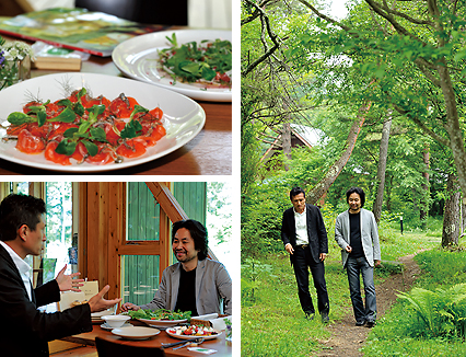 夏木立の山中湖の森を舞台に、日本の「食」の今と、これからの姿について意見を交わす辛氏と西森氏。